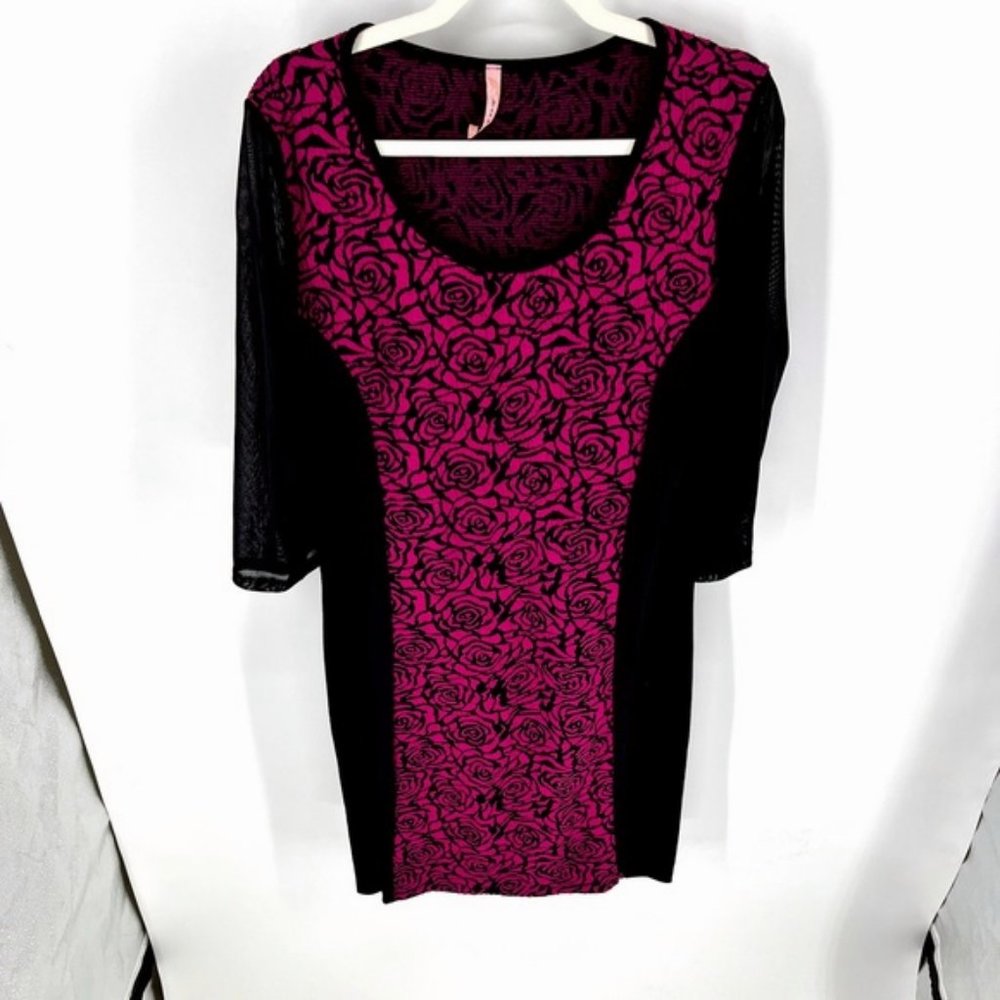 Yoon me XXL black pink floral 3/4 sleeve tunic dress sheer midi scoop Neck